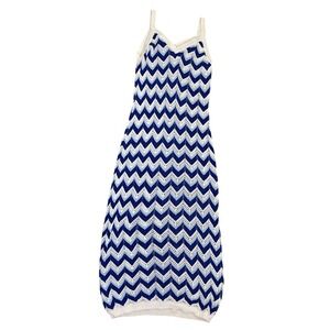 Blue White‎ Chevron Knit Midi Dress Sleeveless V-Neck Crochet Zigzag Size Large